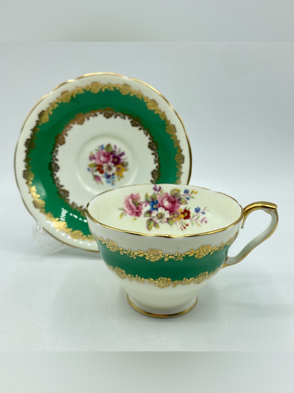 Vintage Aynsley Bone China Tea Cup & Saucer England Floral Green Band Gold Gilt
